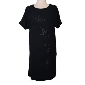 VTG Jones New York Black Beaded Shift Midi‎ Dress Size 14 Short Sleeves Back Zip